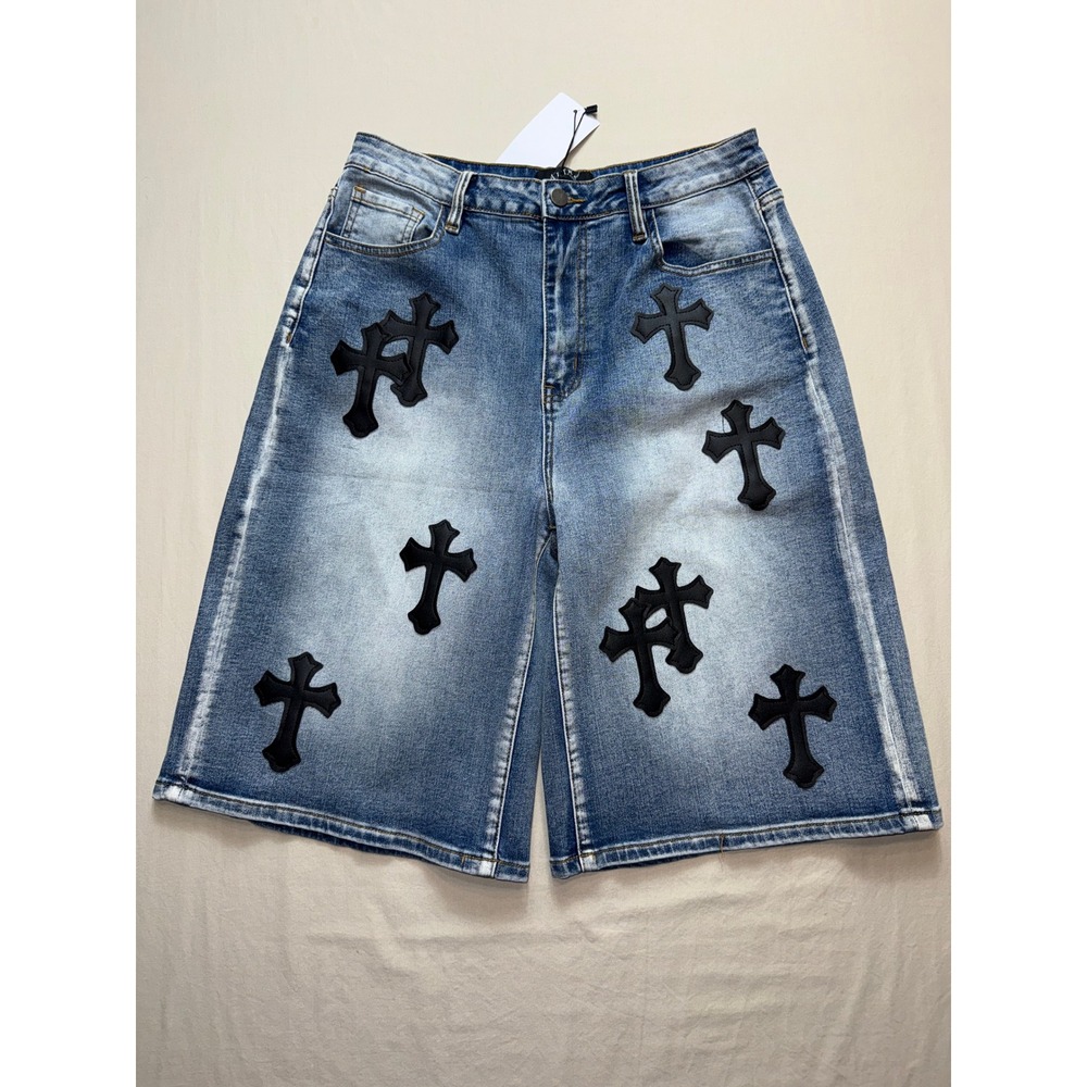 Akira Mens Cross Patch Denim Shorts Blue Streetwear Jorts LP60602B-AK Size L NEW - Picture 1 of 6